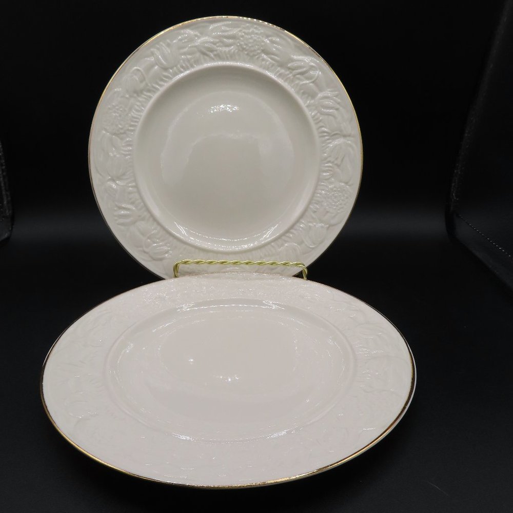Set of 2, BELLEEK POTTERY Ireland Embossed Floral, Gold Trim Salad Plate